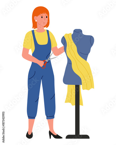 Fashion designer. Girl in fashionable suit with scissors stands in front of mannequin and sews outfit. Professions collection