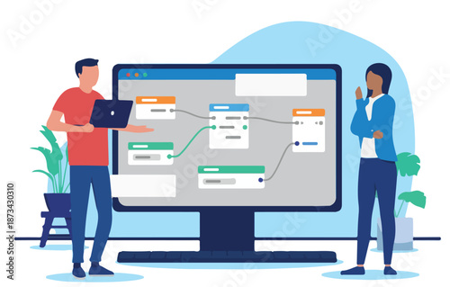 Working on software prototype on computer - Two people developers working on data, connecting nodes and doing abstract complex technology work. Flat design vector illustration with white background.