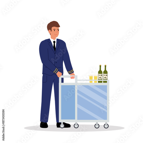 Man in blue uniform with white shirt and black tie, flight attendant or steward. He offers drinks to passengers with trolley. 