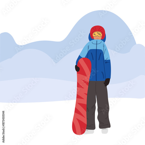 One snowboarder stands against backdrop of snowy peaks. Elite uniforms for snowboarders and skiers