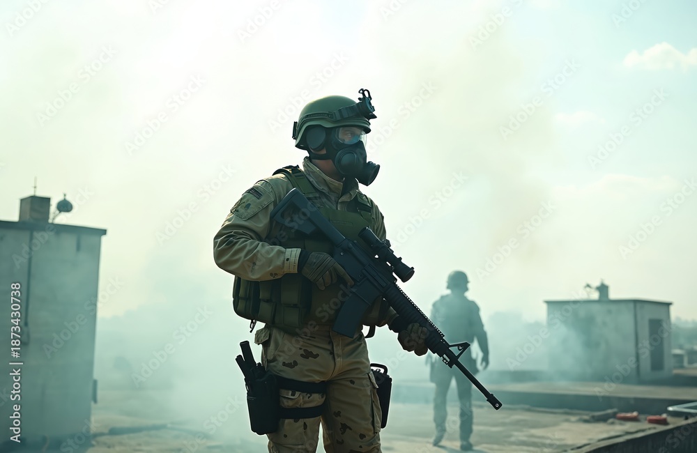 Fototapeta premium Armed soldier in combat gear stands on roof. Military man wears helmet gas mask holding rifle. Another figure is in the background in smoke during combat or a drill.