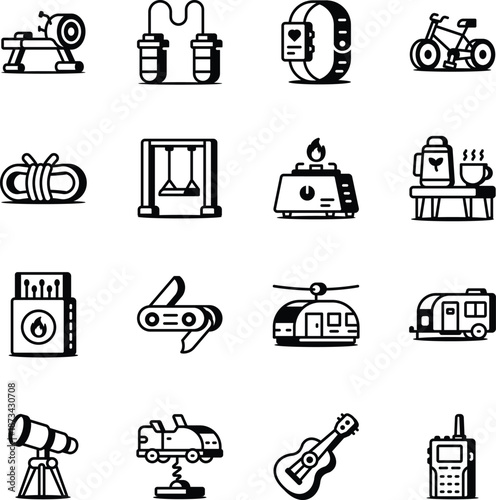 Set of Sports and Gadget Line Style Icons 