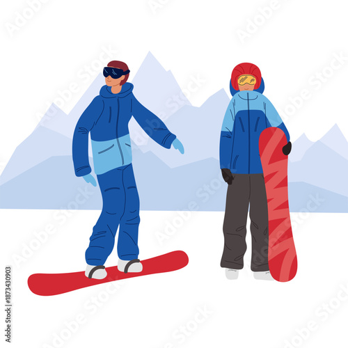 Two snowboarders standing on snowy slope. One is already on snowboard and ready to descend, other is just going to ride.