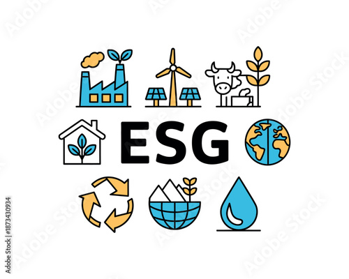 A collection of eco-friendly icons representing ESG principles and sustainable practices