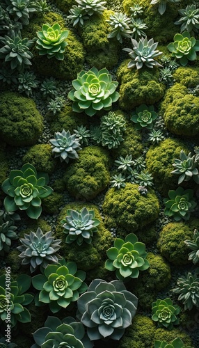 Vertical garden features succulents moss. Various plants create lively green texture. Indoor nature wall looks fresh. Botanical decor suits home design, office interior. Eco friendly plant wall