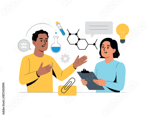 Two people discussing ideas in a creative brainstorming session with science and innovation concepts