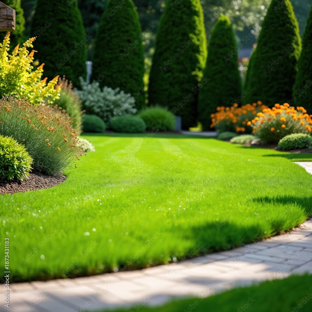 Obraz premium Well maintained green lawn near home. Smooth trimmed grass in yard, flowerbed with flowers and trees. Garden landscape design idea for suburban house with lawn.