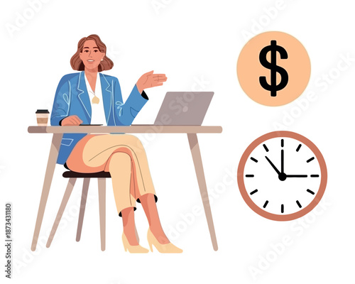 A smiling businesswoman sitting at a desk with a laptop and coffee, surrounded by symbols of time and money.