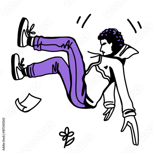 Young man in comfortable clothes falls. Idea is fatigue, too much work. Man is mired in ideas. Creative character in doddle style.