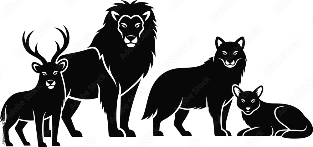 Naklejka premium Silhouette of a lion deer wolf and cat in a row