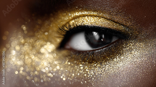 Close-up of a beautifully made-up eye with golden glitter