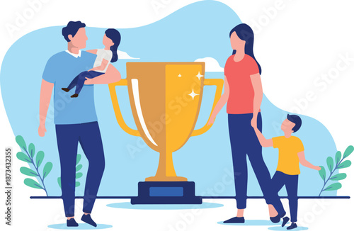 Parenting award - Two parents being great and winning trophy cup for having a successful family life. Flat design vector illustration with white background.