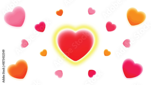 A large red heart surrounded by smaller pink, orange, and red hearts on a white background with a bright and playful mood.