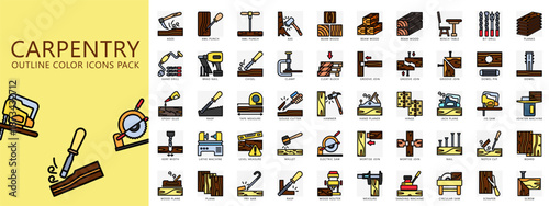 Carpentry outline color icons pack. contain adze, awl, axe, wood, drill, dowel, chisel, jack plane, hammer, electric saw, nail and more. Vector for print, digital UI, UX kit, web and app development.