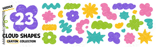 Crayon blob shapes doodle set. Abstract cloud forms and organic groovy figures in sketch style, grunge chalk texture. Hand drawn vector illustration isolated on white background