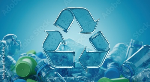 Recycling symbol floating above plastic bottles on blue background with copyspace
