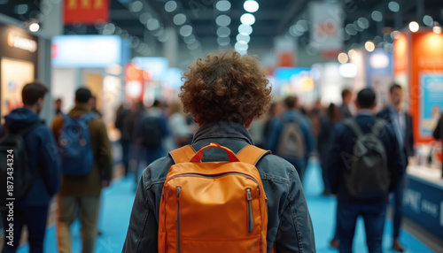 Job seeker in crowd at career expo. Young specialist wearing orange backpack visiting job fair. Student networking at recruitment event for candidate search. Human resources fair, career. © miss irine