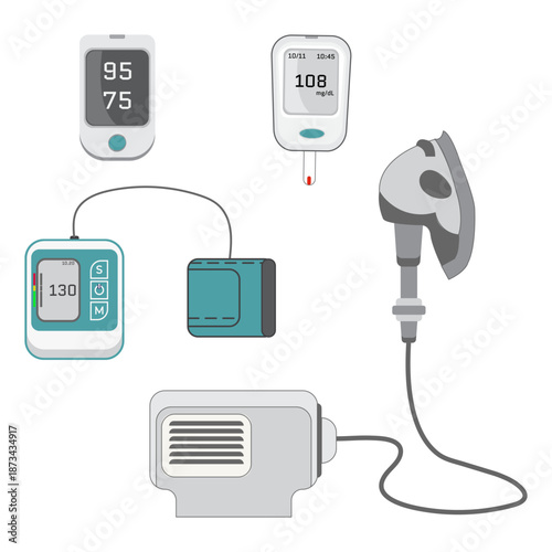 Medical equipment: nebulizer, oxygen mask, glucometer, tonometer, pulse oximeter
