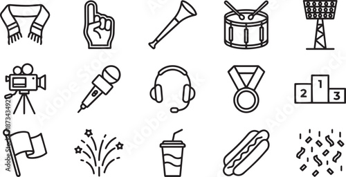 Soccer line icon pack including players equipment stadium referee and match events for sport design