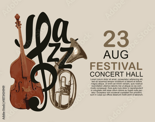Vector logo, or banner for a jazz music with a double bass, tuba, treble clef and inscription. Suitable for flyer, invitation, poster, cover, design element, advertising. No ai