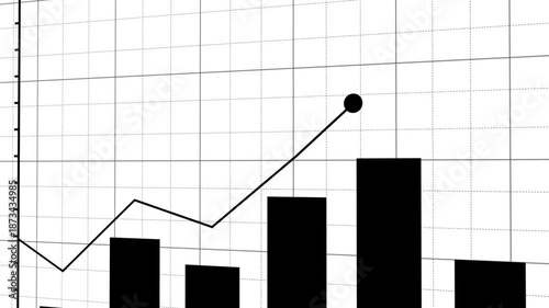 3D line graph progress animation with camera tracking and bar data motion rising up on white background with black grid. 4K animated chart for profit visualization, market up, and business growth.