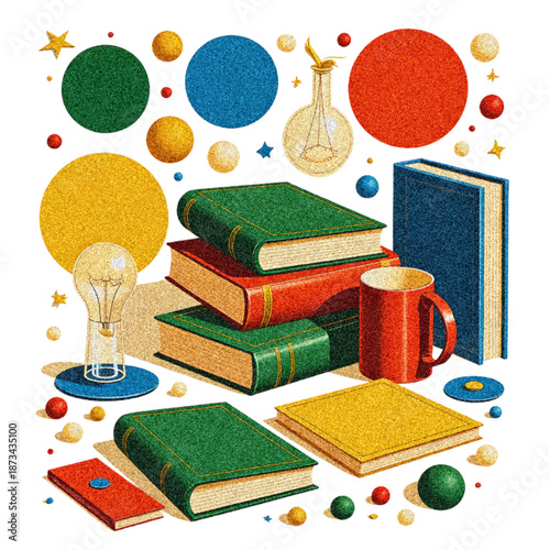 Colorful books, light bulbs and study objects on black background, education concept illustration with copy space