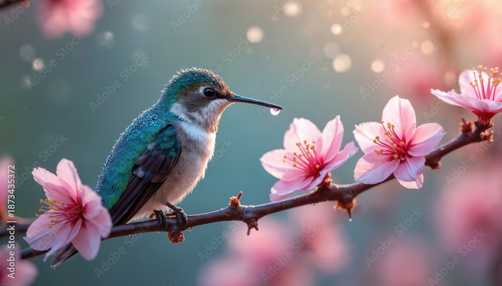 Naklejka premium Tiny hummingbird rests on pink cherry blossom branch after rain. Small bird drinks dewdrop from flower petal. Nature delicate beauty unfolds in springtime garden.