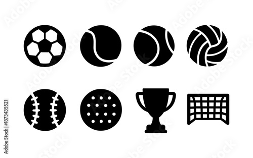 Collection of sports equipment icons including balls, trophy, and goal net