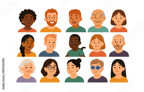Diverse group of cartoon people in flat style on white background
