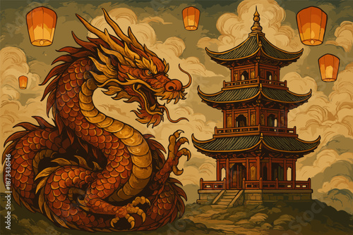 Majestic dragon and traditional pagoda at night with lanterns in vintage style