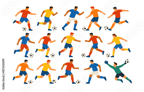 Colorful flat style soccer players and goalkeeper in action with soccer balls