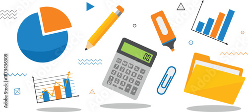 Business analytics and office supplies illustration with charts, calculator, folder, pencil, and graphs, financial analysis and data management concept in modern flat design style