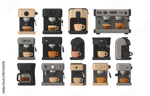 Collection of modern coffee machines in flat design for barista and cafe enthusiasts