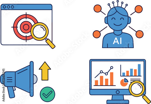 Artificial intelligence marketing illustration, AI powered analytics and targeting system, smart advertising performance tracking, data driven digital strategy concept