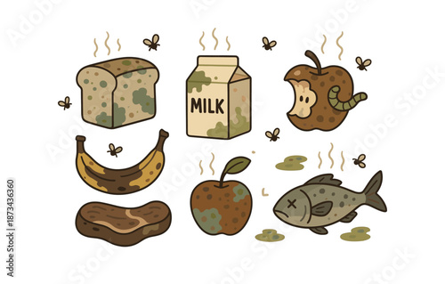 Rotten food doodles: moldy bread, spoiled milk, decayed produce, and fish with flies