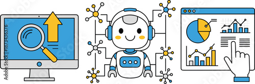 Artificial intelligence analytics illustration, AI powered data analysis system, machine learning dashboard interface, smart automation technology, modern digital innovation