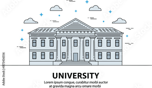 University building illustration, higher education campus architecture, academic institution exterior, learning and knowledge concept, classic college facade, modern flat design