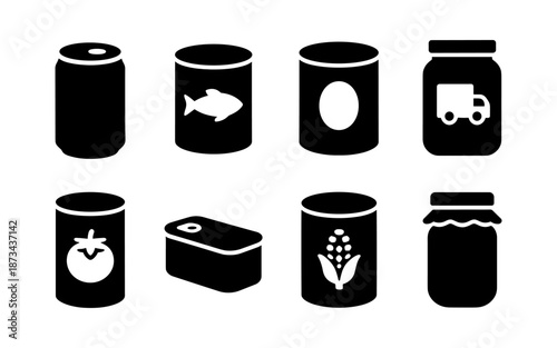 Collection of various canned and jarred food icons in silhouette style