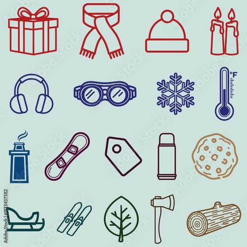 A colorful illustration of various winter and holiday icons on a light blue background
