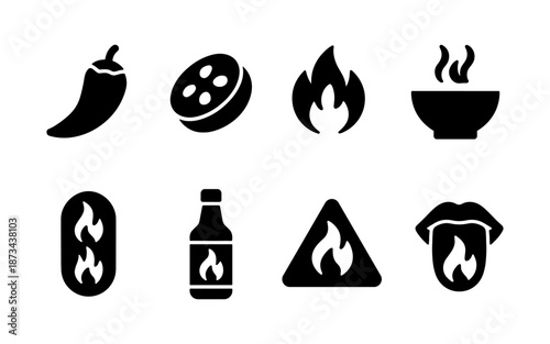 Collection of hot and spicy food icons including chili pepper, flame, and warning signs