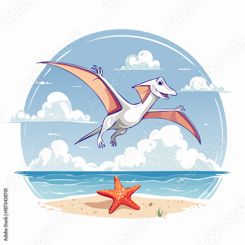 A white pterodactyl flies over a serene beach with a starfish on the sand
