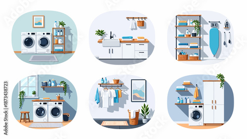 Home Laundry Room Scenes Collection Modern Appliances Storage and Cleaning Supplies for Household Chores