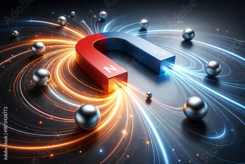 Magnetic field visualization with glowing energy lines and metallic spheres