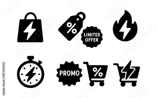 Set of black icons representing sales and promotions with lightning bolt symbols