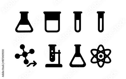 Collection of science and chemistry icons including flasks, test tubes, molecules, and atom symbols