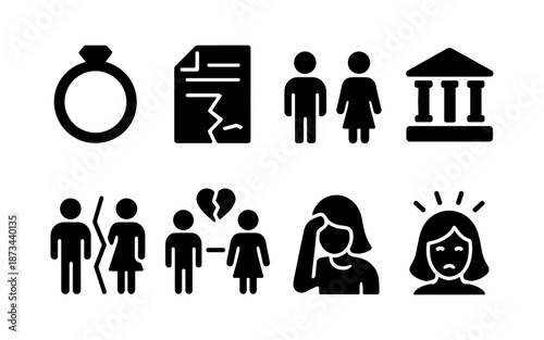 Divorce and relationship breakdown icons illustrating legal and emotional struggles