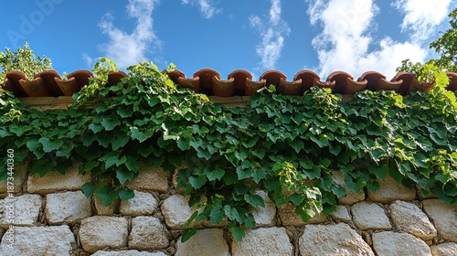 Lush green ivy covering a rustic stone wall with terracotta roofline against a bright blue sky.