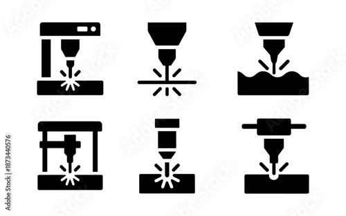 Set of industrial cutting and drilling machine icons, representing precision manufacturing processes