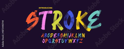 Colorful grunge capital alphabet letters with dry brush texture. Hand drawn kid distressed bold font. Brush drawn letters, funky alphabet. Playful bold grunge font with rough stamp texture.