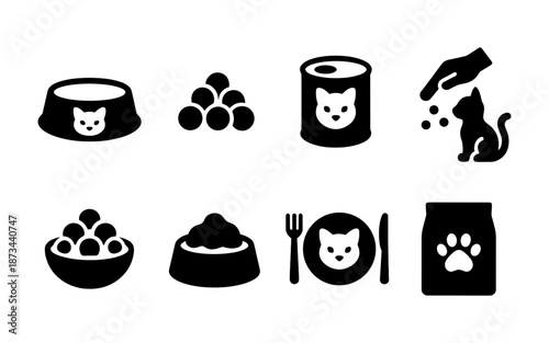 Collection of cat food icons including bowls, cans, kibble, and feeding scenes